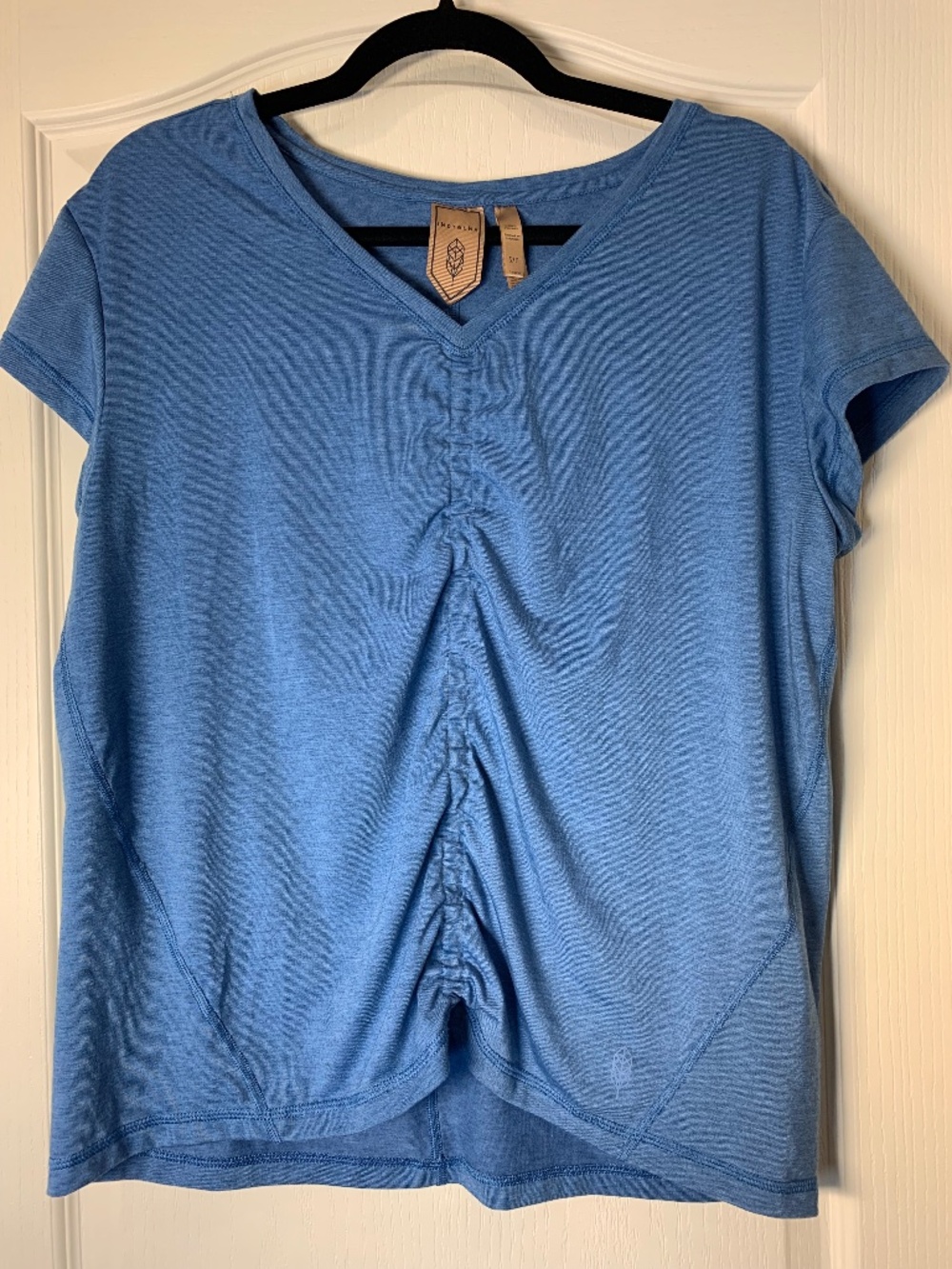 Indygena‎ Blue Ruched Performance Tee Women's Small Stretch Active Top
